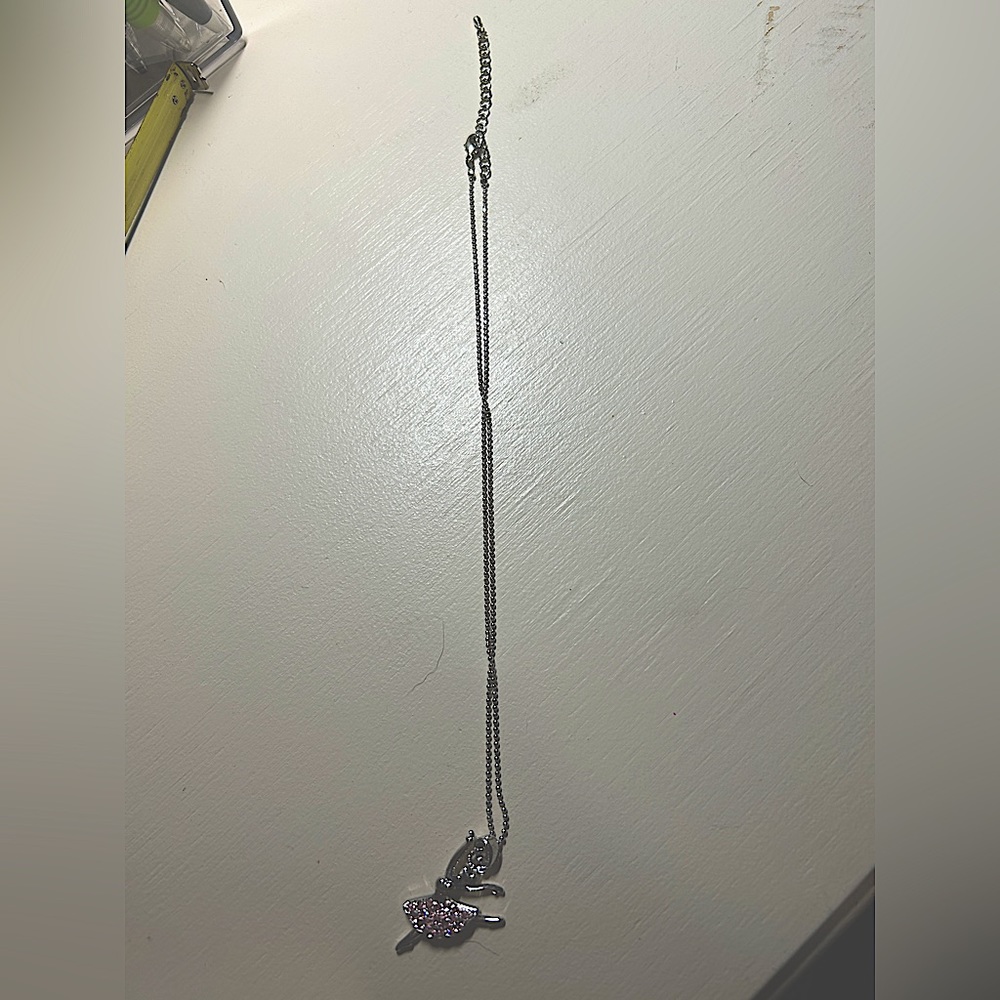Girls 16” silver necklace & 2”extender. Ballerina  pendant with pink stones.